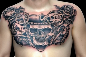 Pirate captain skeleton sitting on treasure chest tattoo idea