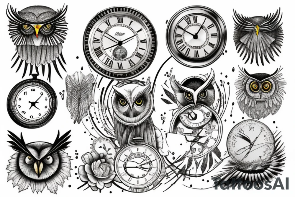 Drawing that represents time and change with clock and owl tattoo idea
