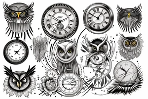 Drawing that represents time and change with clock and owl tattoo idea