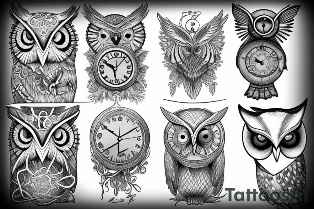Drawing that represents time and change with clock and owl tattoo idea