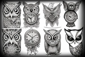 Drawing that represents time and change with clock and owl tattoo idea