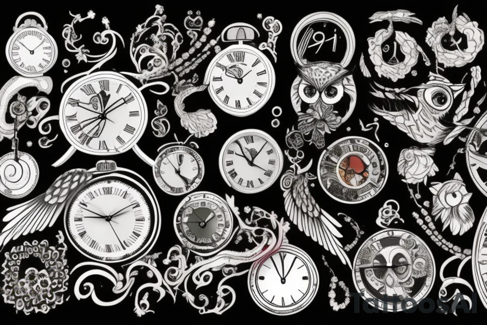 Drawing that represents time and change with clock and owl tattoo idea
