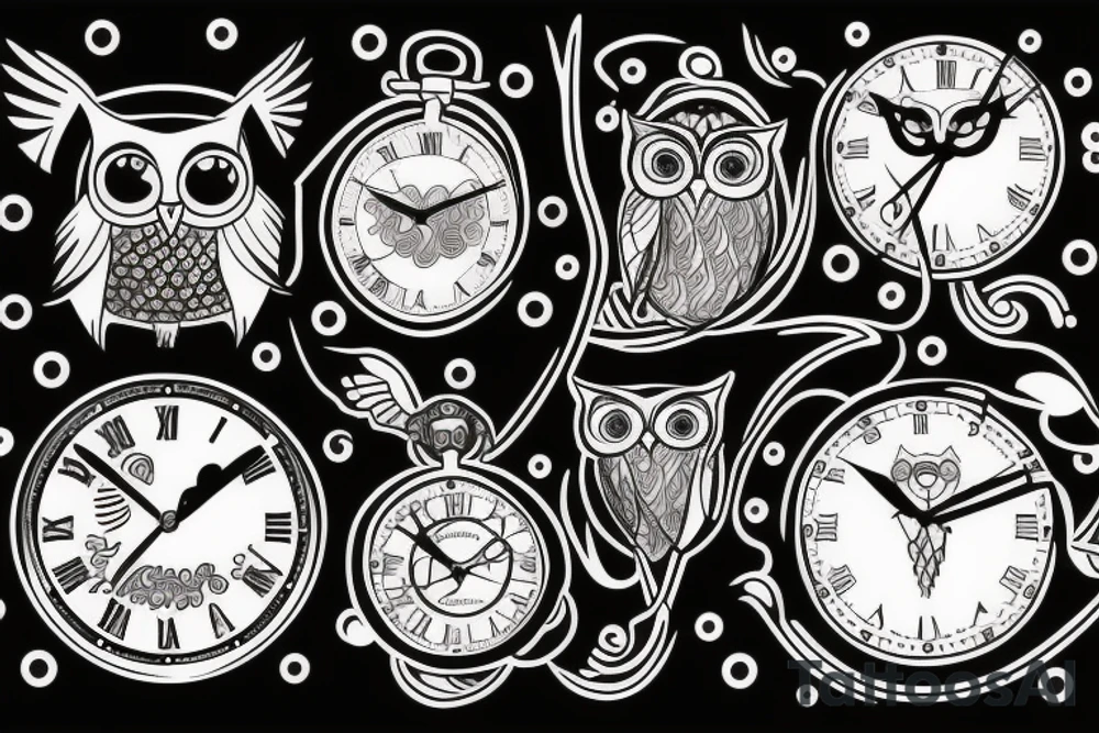 Drawing that represents time and change with clock and owl tattoo idea