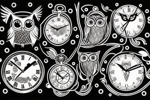 Drawing that represents time and change with clock and owl tattoo idea