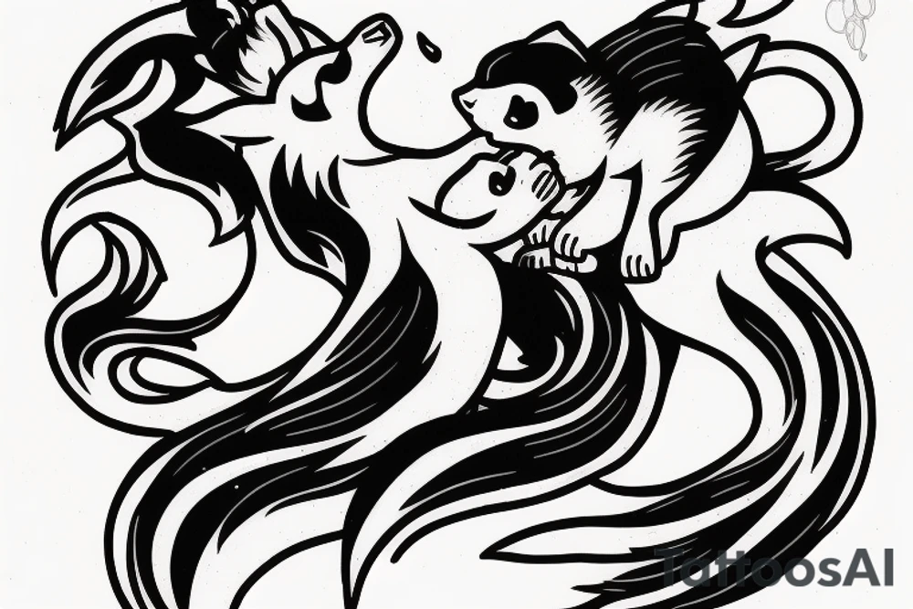 A large, muscular skunk cuddling a fox. tattoo idea