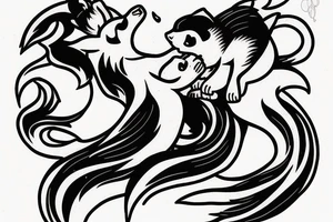 A large, muscular skunk cuddling a fox. tattoo idea