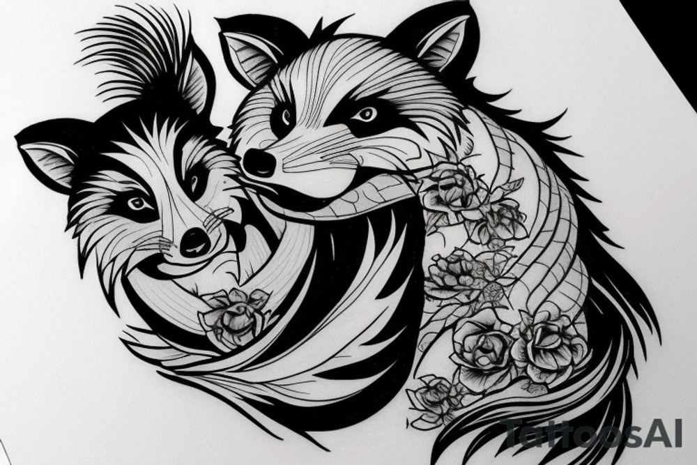 A large, muscular skunk cuddling a fox. tattoo idea