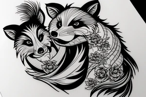 A large, muscular skunk cuddling a fox. tattoo idea