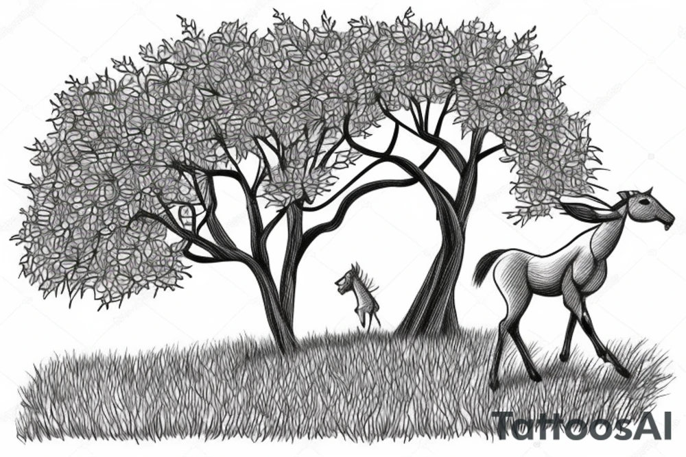 horse and foal cantering. a hare nnext to ancient tree. daffodils tattoo idea