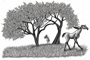 horse and foal cantering. a hare nnext to ancient tree. daffodils tattoo idea