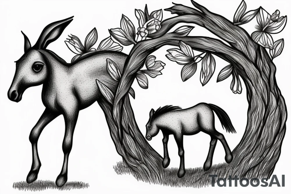 horse and foal cantering. a hare nnext to ancient tree. daffodils tattoo idea