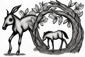 horse and foal cantering. a hare nnext to ancient tree. daffodils tattoo idea