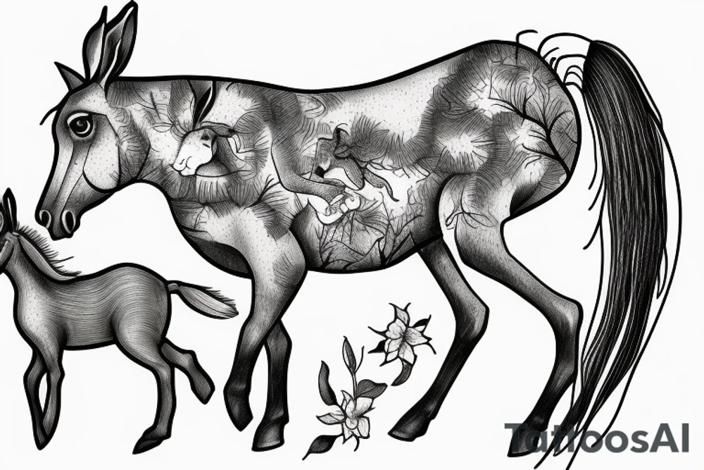 horse and foal canteringa and a hare including ancient tree and daffodils tattoo idea