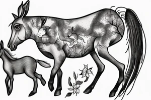 horse and foal canteringa and a hare including ancient tree and daffodils tattoo idea