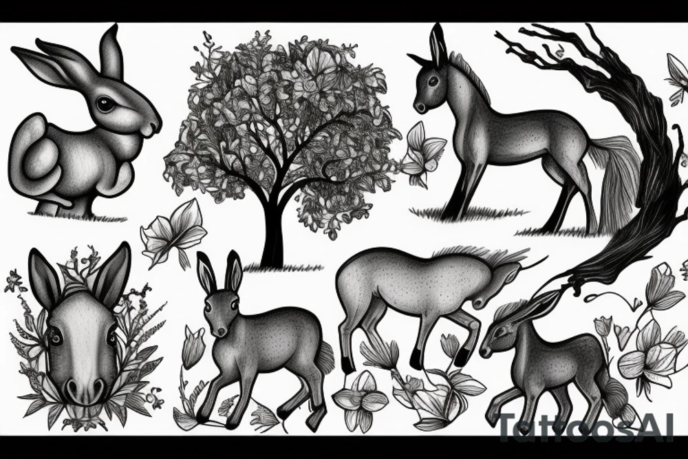 horse and foal canteringa and a hare including ancient tree and daffodils tattoo idea