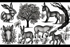 horse and foal canteringa and a hare including ancient tree and daffodils tattoo idea
