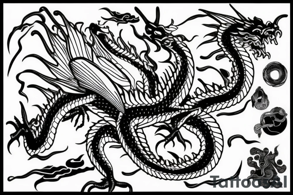 flying dragon, black ink sketch tattoo idea