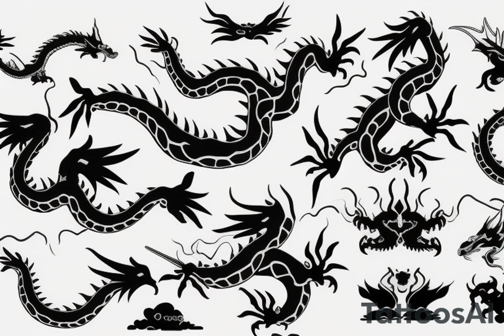 flying dragon, black ink sketch tattoo idea