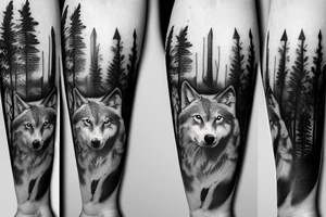 wolf in a forest with a full moon tattoo idea