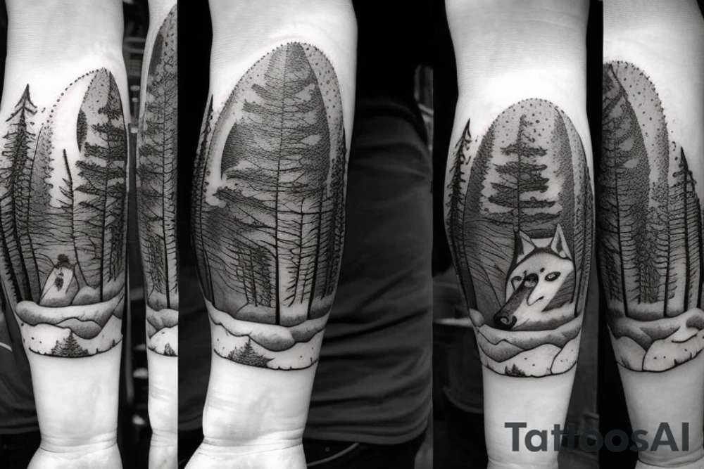 Giant Tree Forest with a Wolf in The middle and a full moon above them tattoo idea