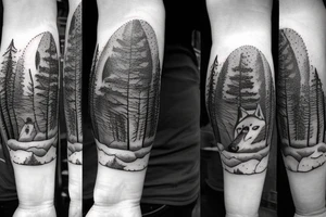 Giant Tree Forest with a Wolf in The middle and a full moon above them tattoo idea
