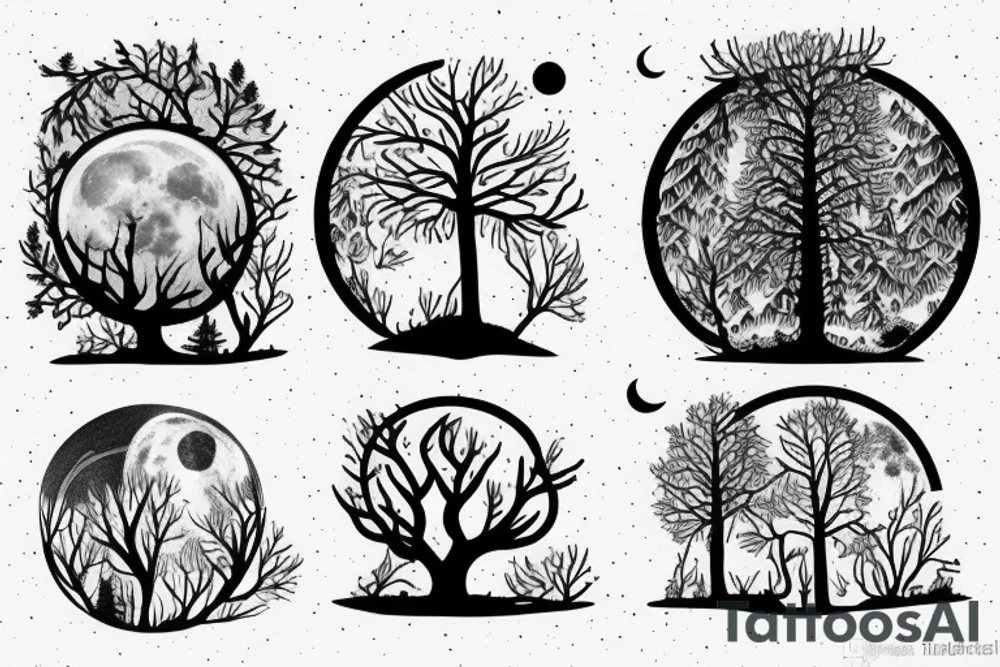 Giant Tree Forest with a Wolf in The middle and a full moon above them tattoo idea