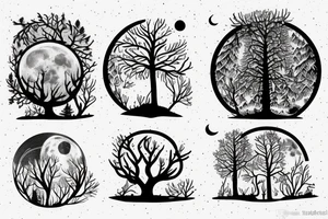 Giant Tree Forest with a Wolf in The middle and a full moon above them tattoo idea