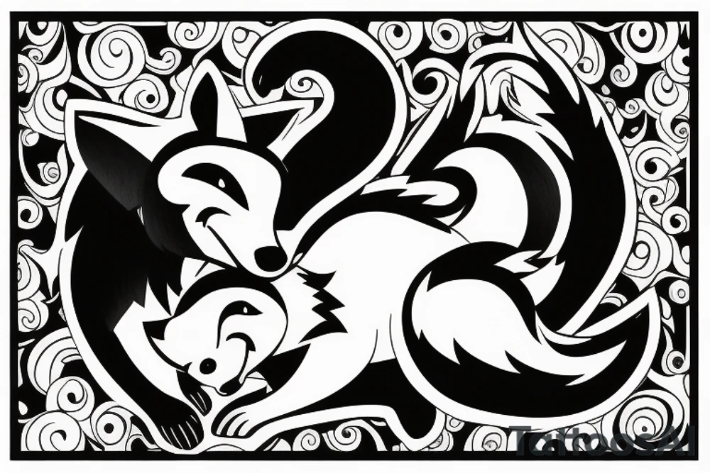 A large, muscular skunk cuddling a fox. tattoo idea