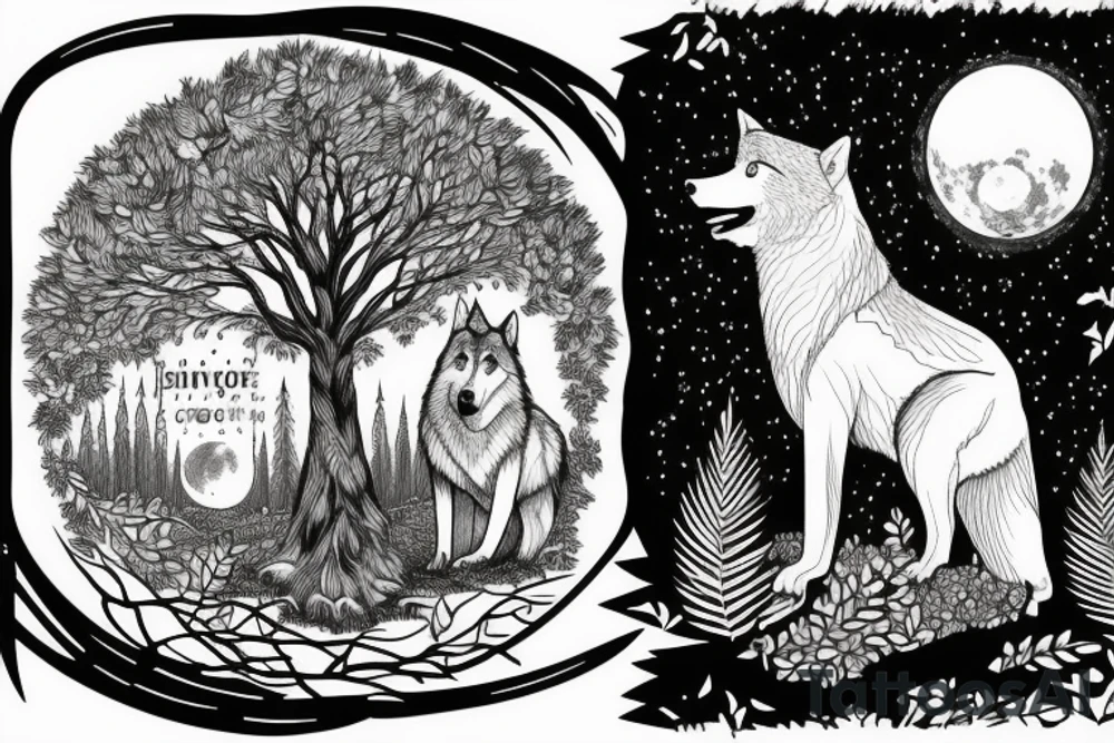 Giant Tree Forest with a Wolf in The middle and a full moon above them tattoo idea