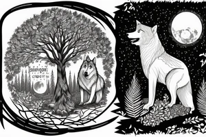 Giant Tree Forest with a Wolf in The middle and a full moon above them tattoo idea