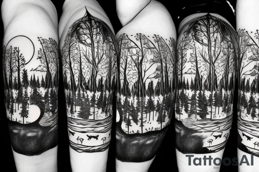 Giant Tree Forest with a Wolf in The middle and a full moon above them tattoo idea