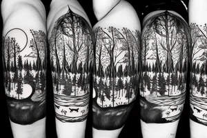 Giant Tree Forest with a Wolf in The middle and a full moon above them tattoo idea