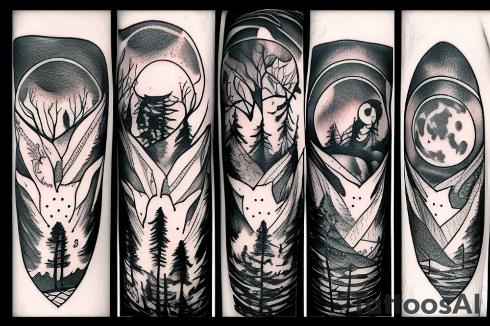 Forest with a Wolf in The middle and a full moon above them tattoo idea
