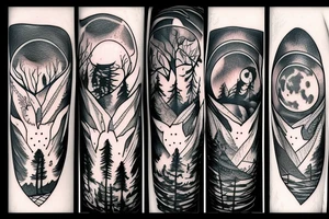 Forest with a Wolf in The middle and a full moon above them tattoo idea