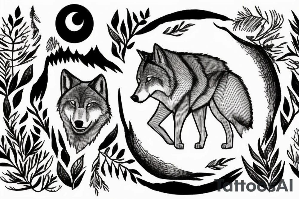 Forest with a Wolf in The middle and a full moon above them tattoo idea