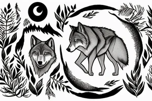 Forest with a Wolf in The middle and a full moon above them tattoo idea