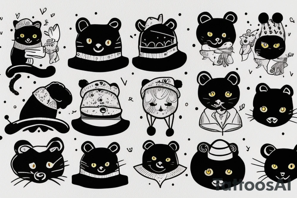 black cat with a funny hat and a bear sweater tattoo idea