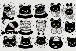 black cat with a funny hat and a bear sweater tattoo idea