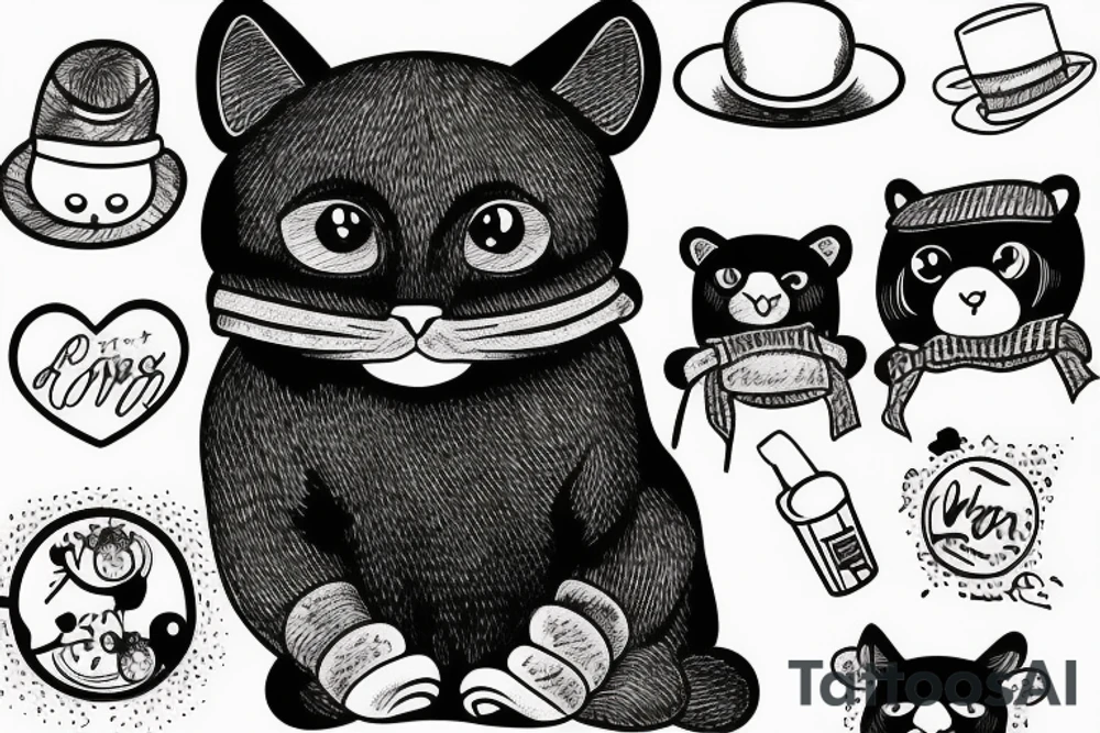 black cat with a funny hat and a bear sweater tattoo idea