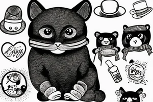 black cat with a funny hat and a bear sweater tattoo idea