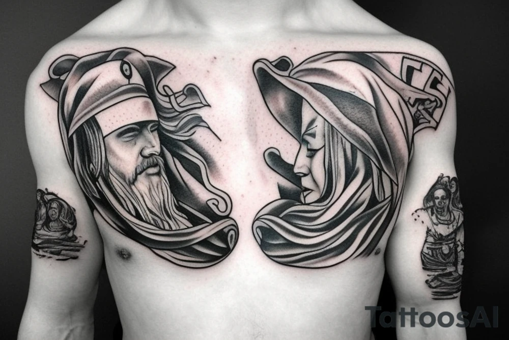 Pray hands, clouds, scrolls, Vikings, pagan vs Christian arm sleave tattoo idea
