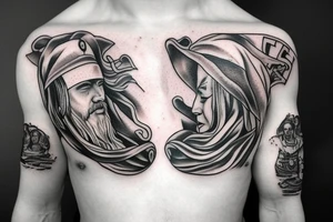 Pray hands, clouds, scrolls, Vikings, pagan vs Christian arm sleave tattoo idea