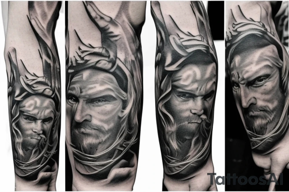 Pray hands, clouds, scrolls, Vikings, pagan vs Christian arm sleave tattoo idea