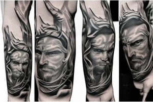 Pray hands, clouds, scrolls, Vikings, pagan vs Christian arm sleave tattoo idea