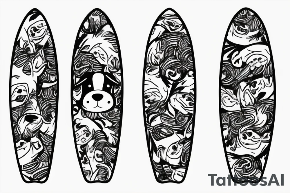 Smiling Dog with scarf on a surfboard tattoo idea
