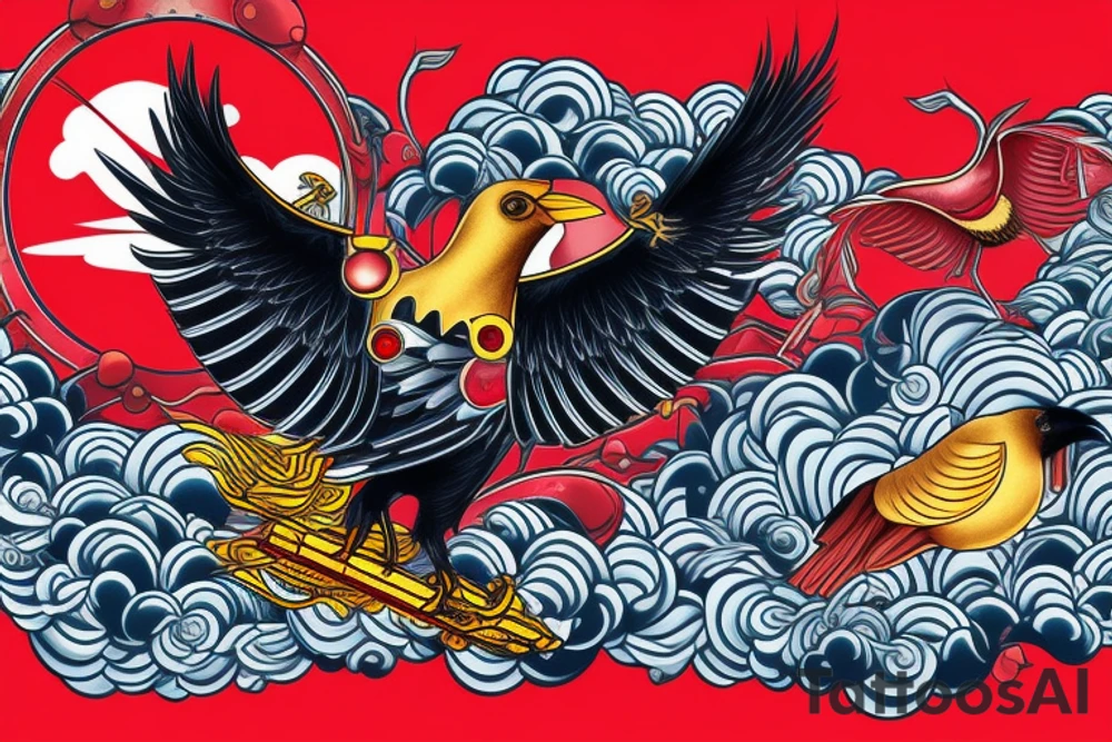 Futuristic-looking crow with golden armor against a background of red and blue clouds. tattoo idea
