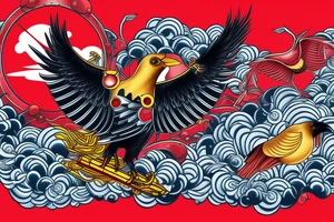 Futuristic-looking crow with golden armor against a background of red and blue clouds. tattoo idea