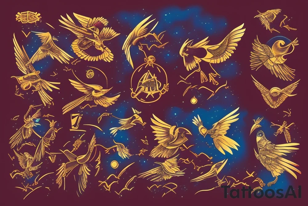 Futuristic-looking crow with golden armor against a background of red and blue clouds. tattoo idea