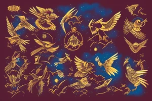 Futuristic-looking crow with golden armor against a background of red and blue clouds. tattoo idea