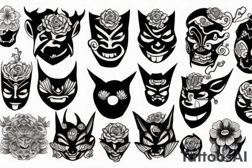 Oni mask and flowers tattoo idea